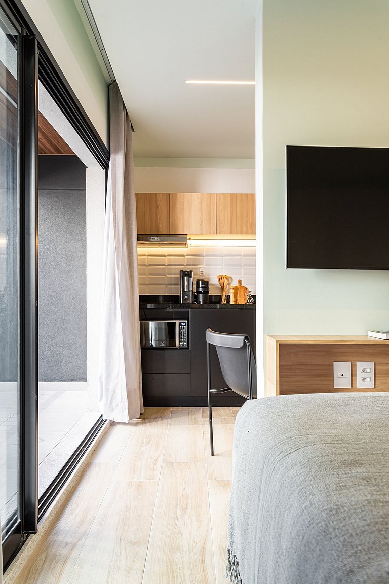 Apê sofisticado varanda, cama queen | Jd Paulista
